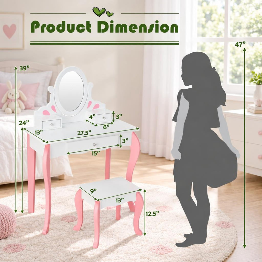 Airfind Kids Vanity Princess Makeup Dressing Table Stool Set with Mirror and Drawer, 44 lbs Capacity, MDF Frame, White