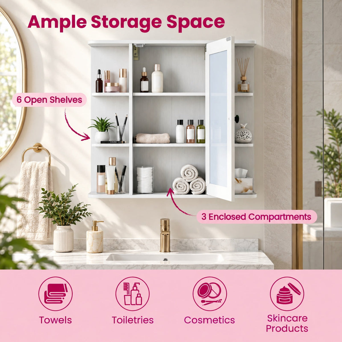 Airfind Wall Mounted Bathroom Medicine Cabinet with Mirror and Shelves, 120 lbs Capacity, MDF Engineered Wood Glass Frame, White