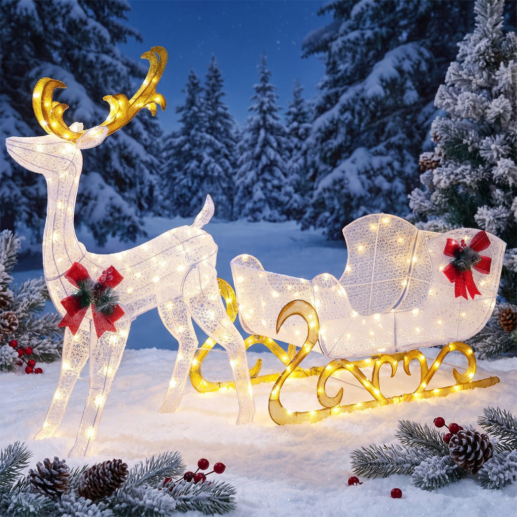 Airfind 6 Feet Christmas Lighted Reindeer and Santas Sleigh Decoration with 4 Stakes, Steel tinsel Frame, 19.5 x 72.5 x 48.5 Footprint, White