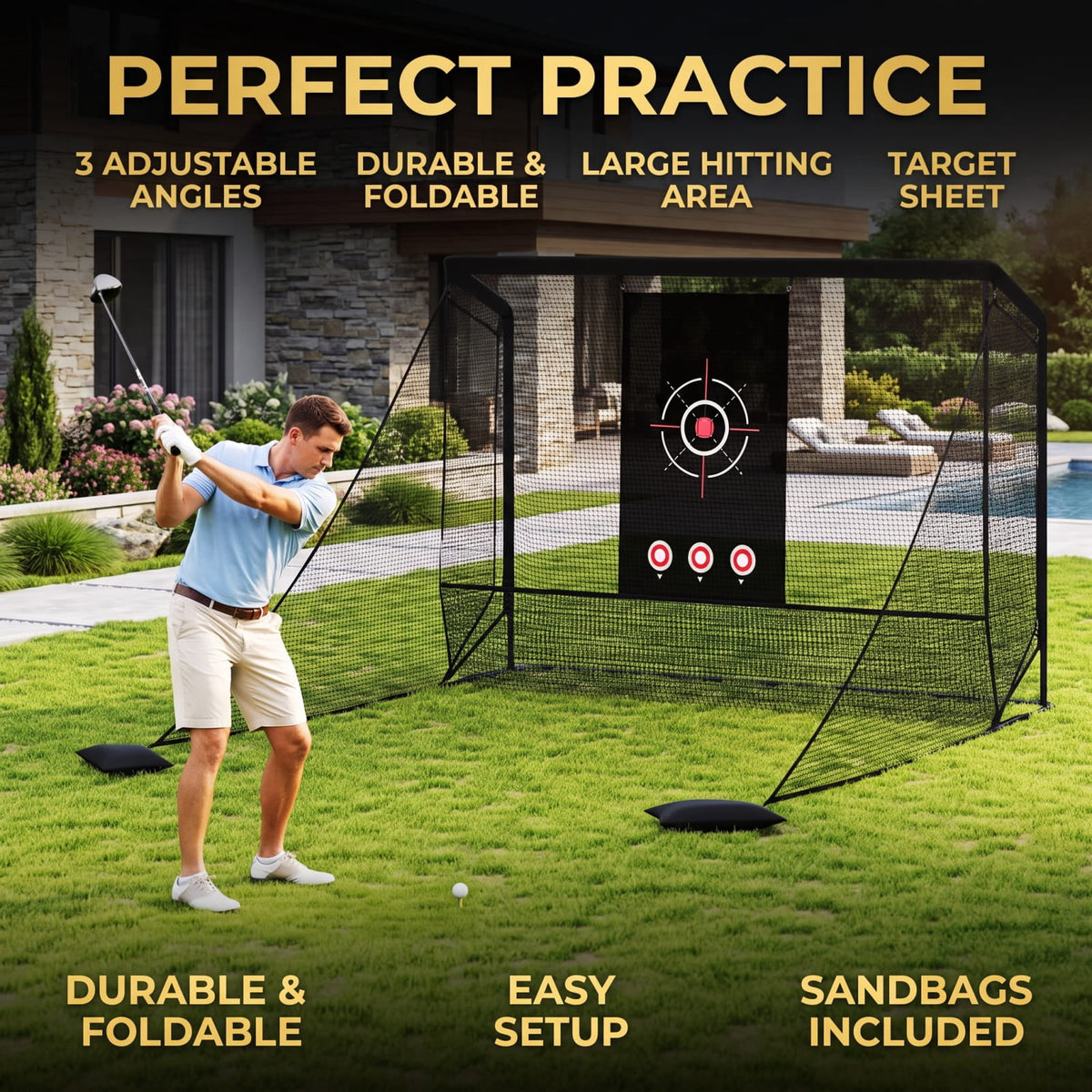 Airfind Golf Practice Hitting Net Cage with Dual Side Barriers Target Cloth and Metal Frame for Backyard Indoor Outdoor Driving Practice, Black