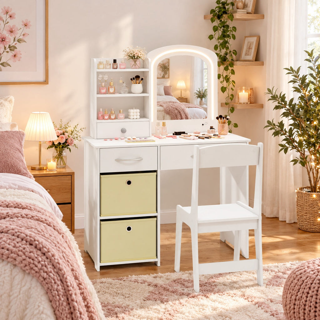 Airfind Kids Vanity Set with Lighted Mirror Makeup Desk and Chair Set with Drawers, 110 lbs Capacity, MDF Frame, for 3+ years old, White