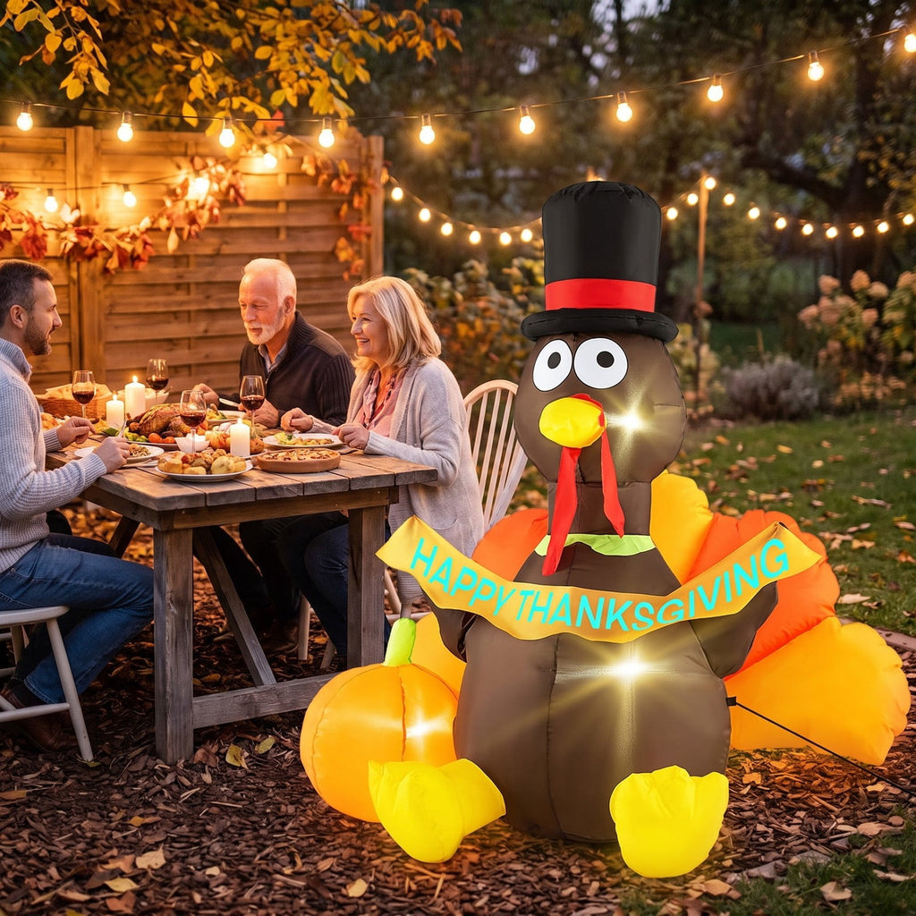 Airfind 5 FT Inflatable Turkey with Pumpkin and LED Lights for Indoor Party, 190T Polyester Fabric, 4.6 x 3.6 x 5 ft Length of