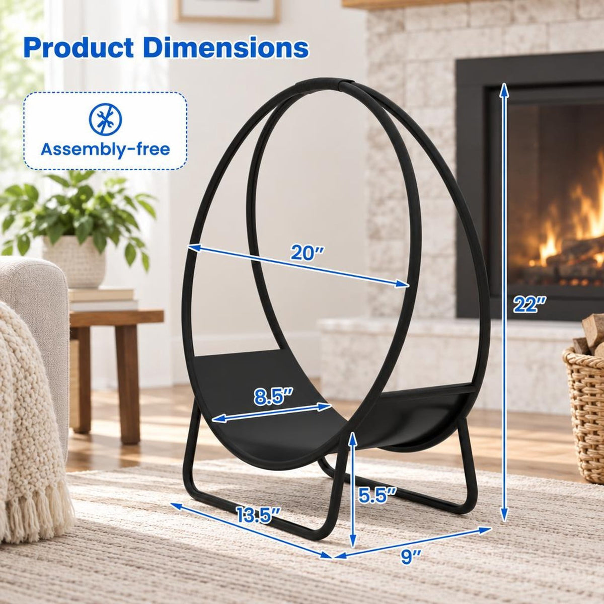 Airfind Firewood Log Hoop 20 Inch Round Heavy, 55 lbs Capacity, Metal Frame, 20 x 20 x 22 Footprint, Black