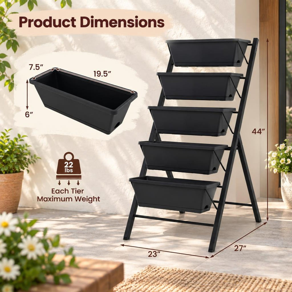 Airfind 5, 22 lbs Capacity, PP Metal Frame, 23 x 27 x 44 Footprint, Black, 5 planter boxes for modular growing