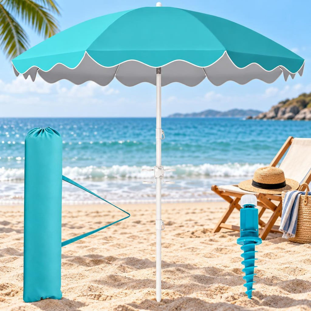 Airfind 6.5 FT Beach Umbrella UPF 50+ with Sand Anchor for Garden Pool, Polyester Fabric Metal Aluminum Alloy PP Frame, Turquoise Stripe