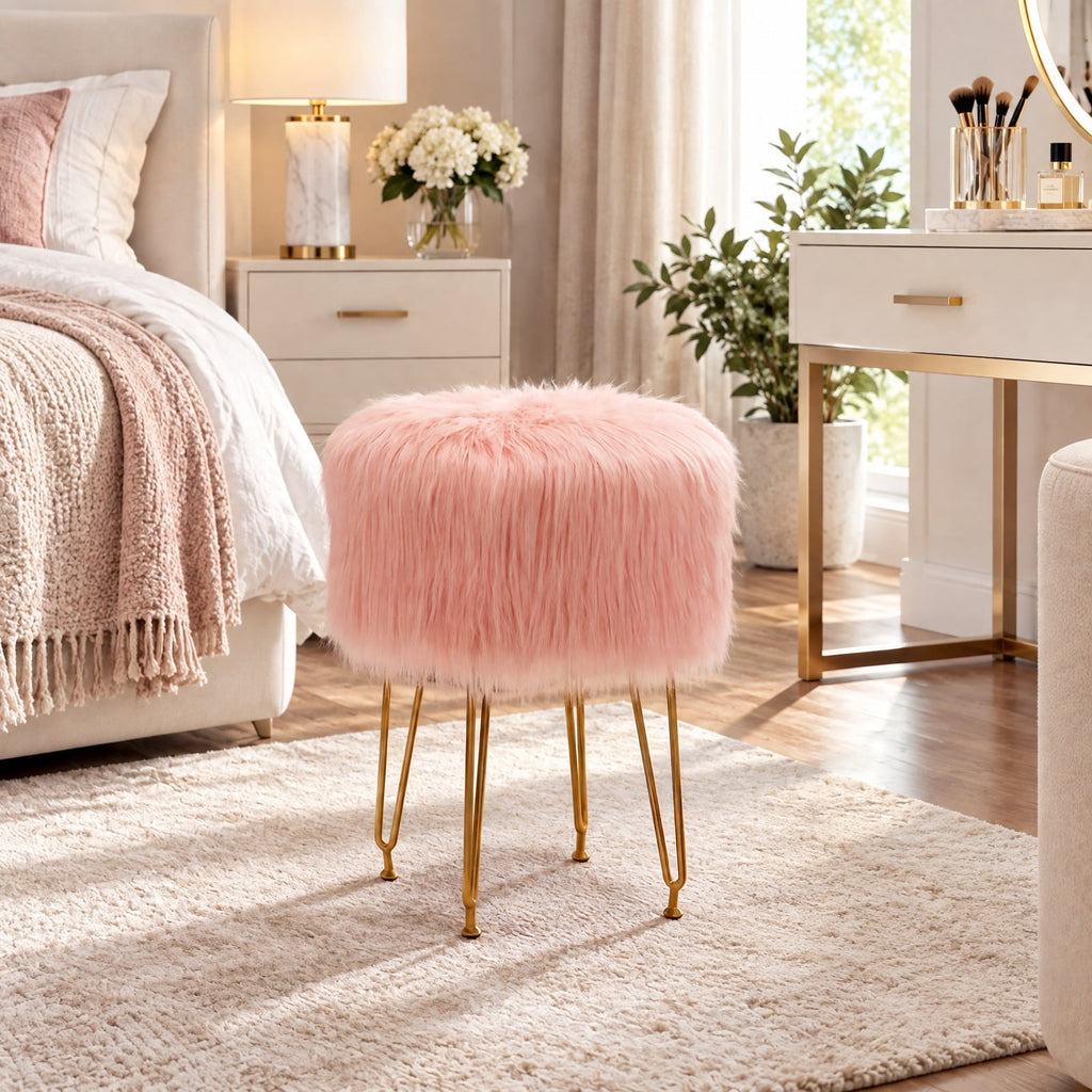Airfind Faux Fur Vanity Stool Chair with Metal Legs for Bedroom and Living Room, 330 lbs Capacity, Faux Fur Sponge Metal MDF Plywood Frame, Pink