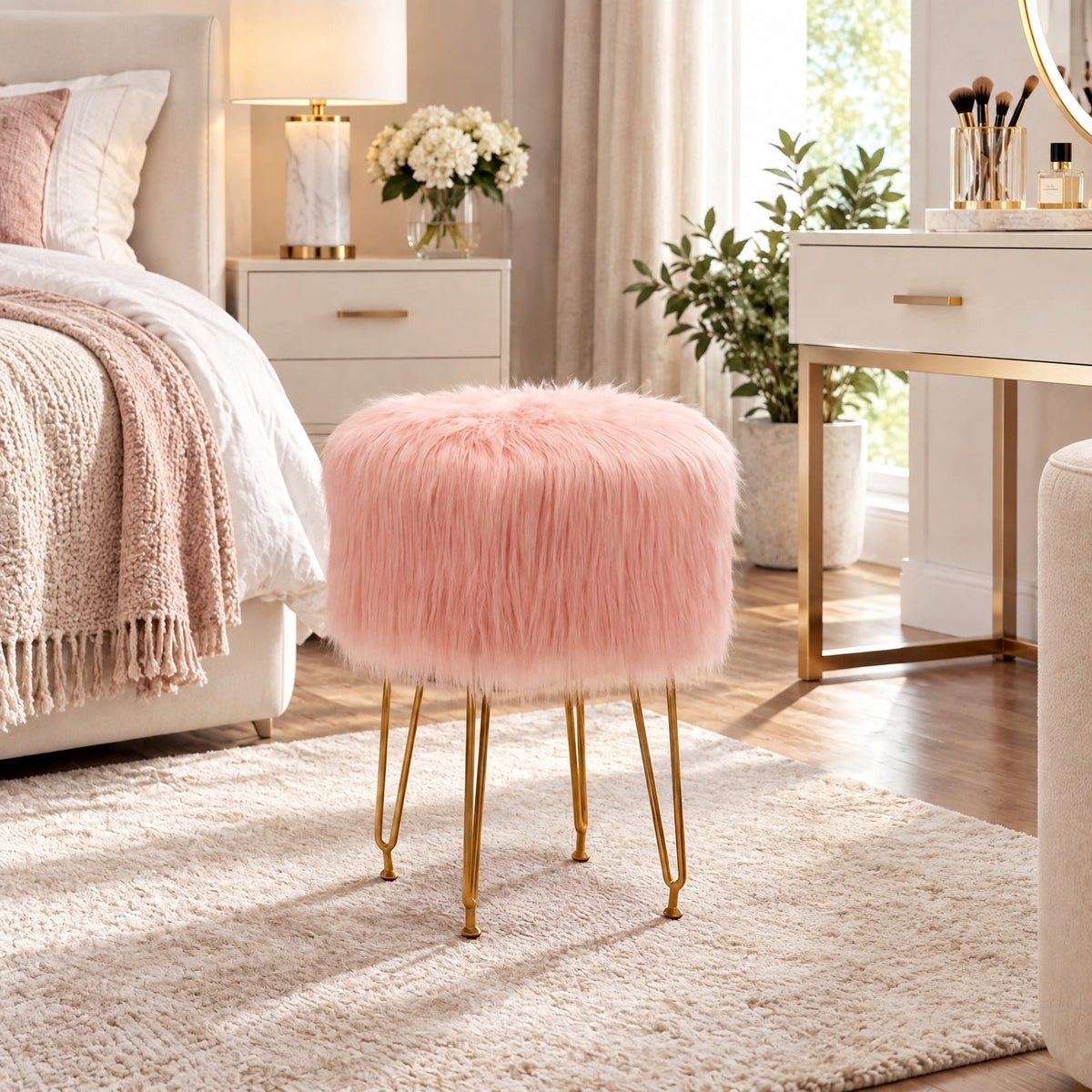 Airfind Faux Fur Vanity Stool Chair with Metal Legs for Bedroom and Living Room, 330 lbs Capacity, Faux Fur Sponge Metal MDF Plywood Frame, Pink