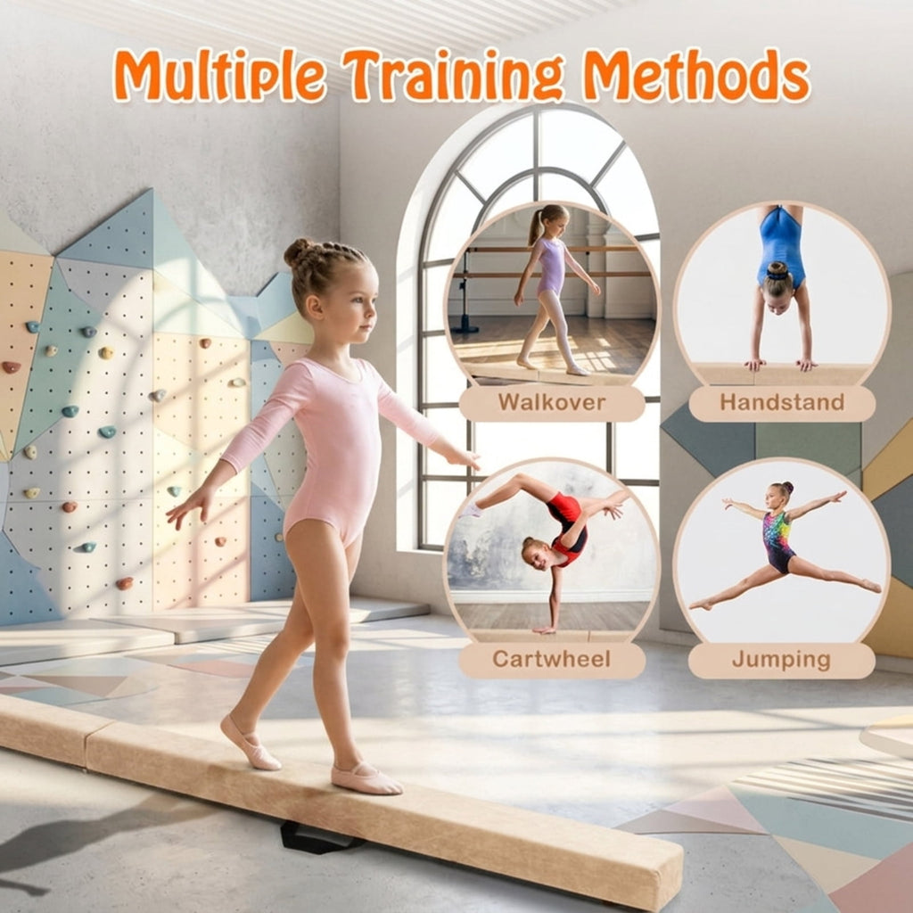 Airfind Folding Balance Beam with Solid Wood Base and Anti Slip Bottom for Kids Gymnastics Practice and Home Training, Beige