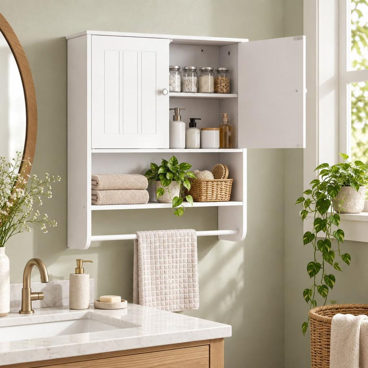 Airfind Bathroom Wall Cabinet with Towel Bar and Open Shelf and Adjustable Shelf, MDF Frame, 23.5in x 8in x 27.5in Footprint, White