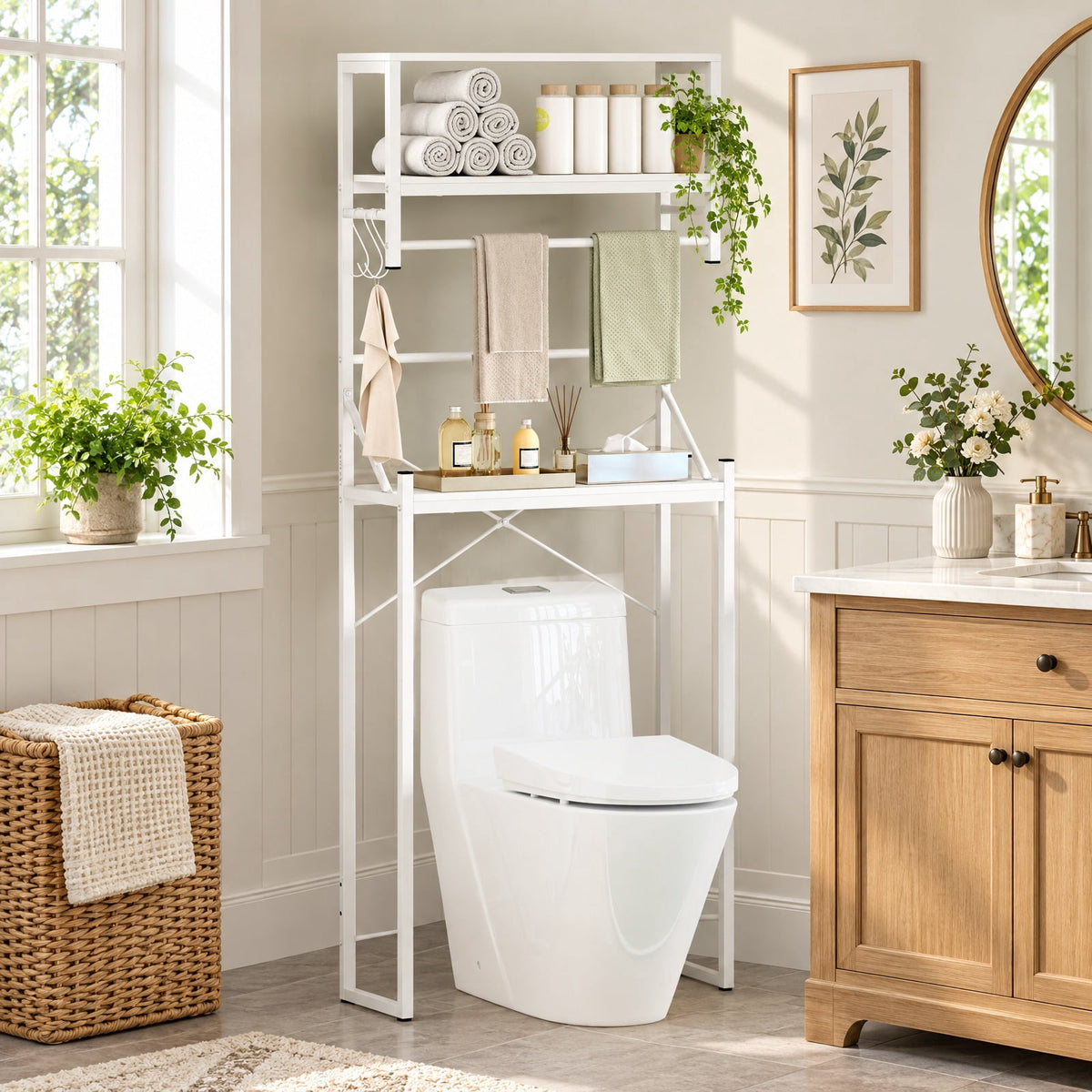 Airfind Over the Toilet Storage Rack 3-Tier Over Toilet Bathroom Organizer with Towel Holder, 110 lbs Capacity, Metal Engineered Wood Frame, White