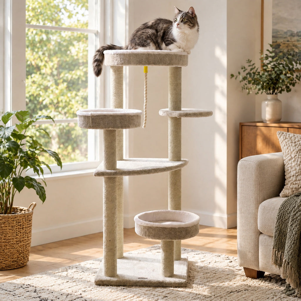 Airfind 51inCarpeted Cat Tree with Comfy Plush Perches for Indoor Cats, 33 lbs Capacity, Beige, Size 19.5in x 19.5in Top Perch