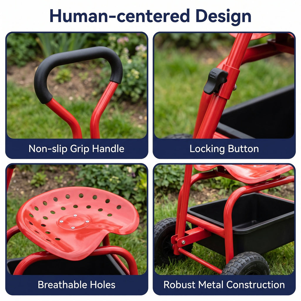 Airfind Heavy Duty Garden Cart with Tool Tray and 360 Swivel Seat, 330 lbs Capacity, Steel Rubber Plastic Frame, 38 x 17 x Footprint, Red