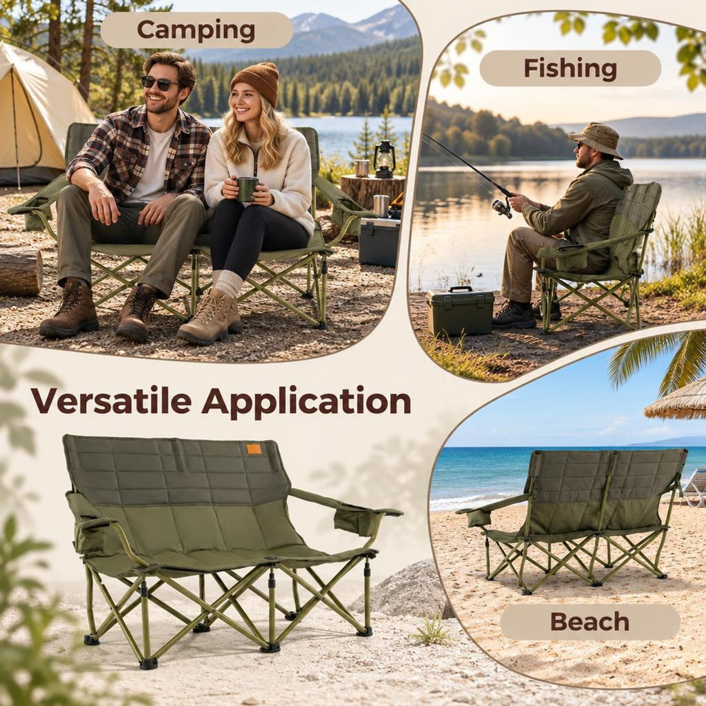 Airfind Oversized Camping Chair Folding Loveseat Camping Couch with Cup Holders Thick Padding, Capacity 660 lbs Capacity, Green
