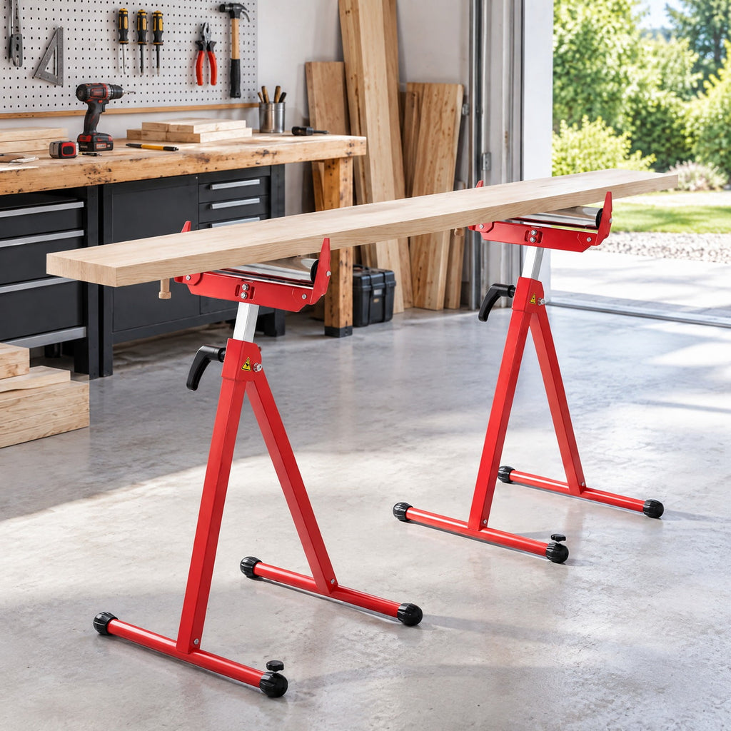 Airfind 2-Pack Folding Roller Stands Portable Outfeed Supports with Adjustable Height, 250 lbs Capacity, Metal ABS PE PP Frame, Red