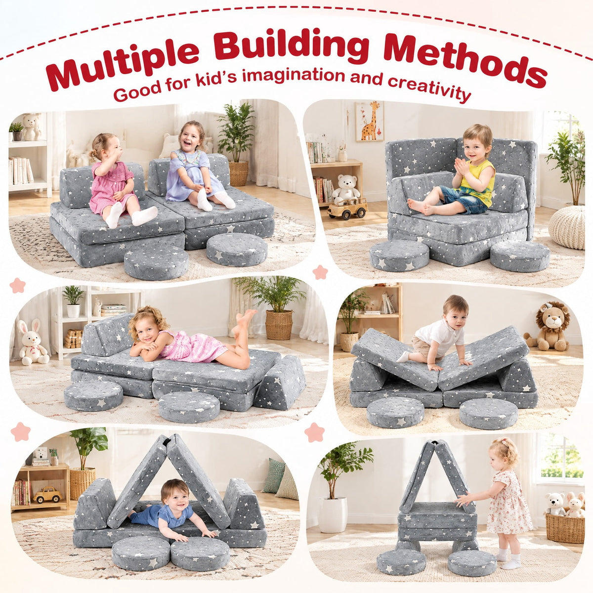 Airfind Modular Youth Play Couch Set Glow in the Dark with Portable Handles, Flannel Fabric Sponge, for 3 and Years Old, Gray