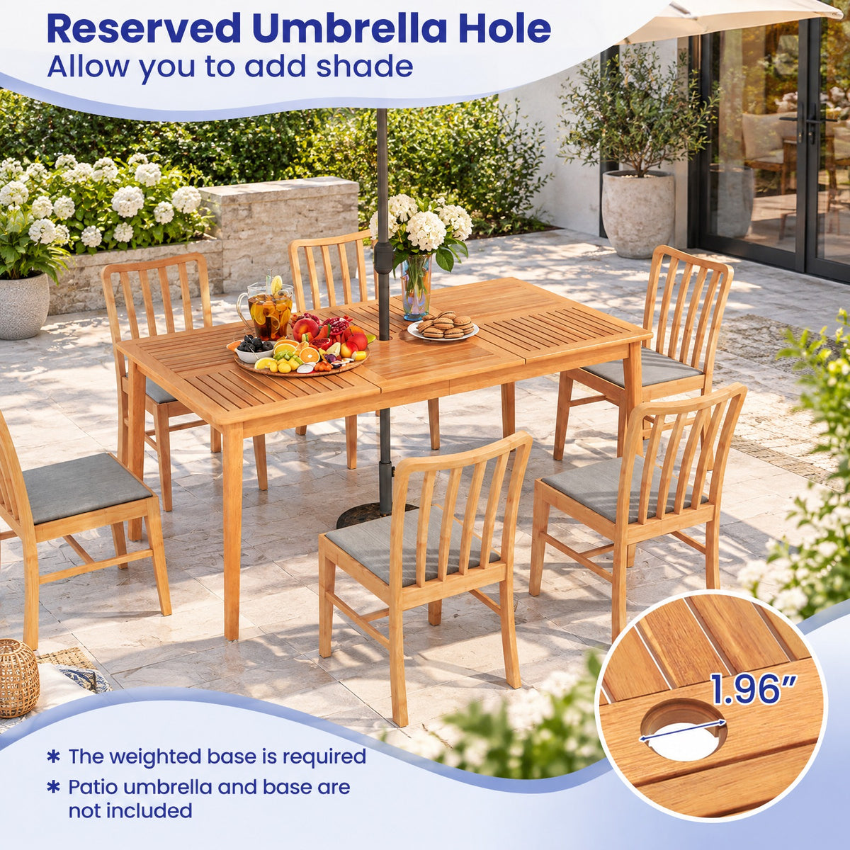 AIRFIND Patio Dining Table for Six with Acacia Wood Slatted Top, Umbrella Hole and Reinforced Frame, 67 x 35 x 30 in, Natural