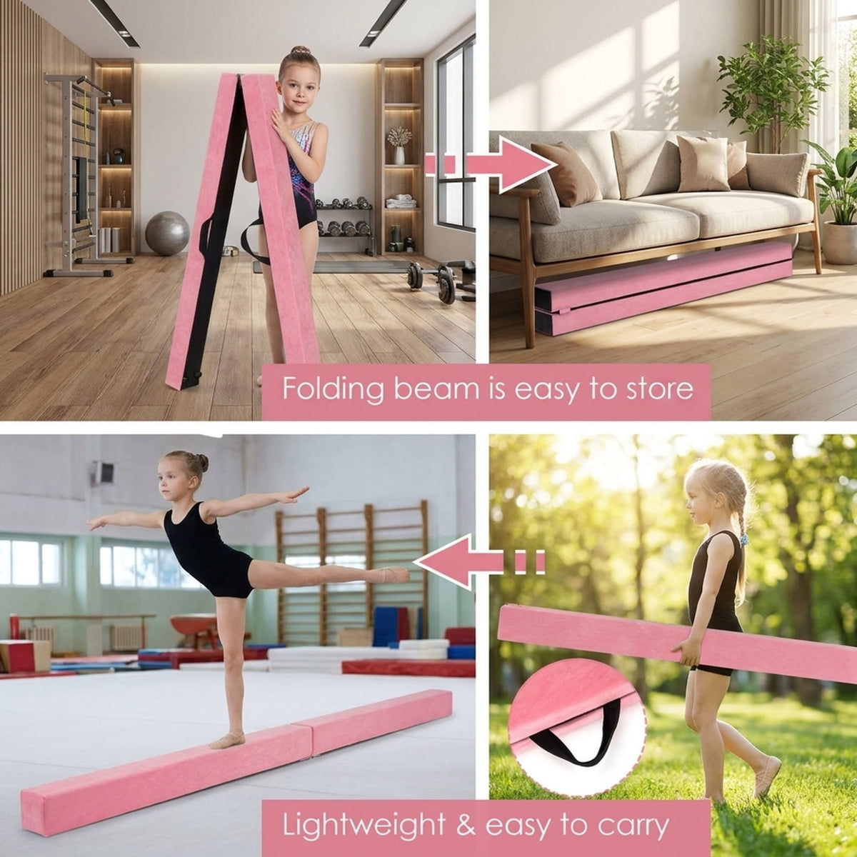 Airfind 7 ft Folding Practice Balance Beam with Suede Cover, Anti-Slip Pads and Pine Wood Frame, Pink