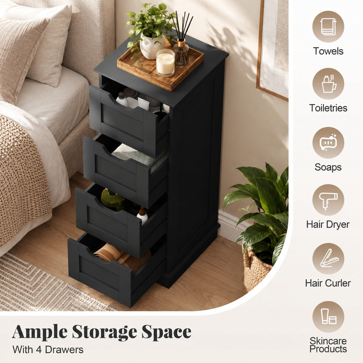Airfind Bathroom Storage Cabinet featuring Cutout Handles and 4 Drawers, 33 lbs Capacity, MDF Frame, 12 Inch x 12 Inch x 32 Inch Footprint, Black