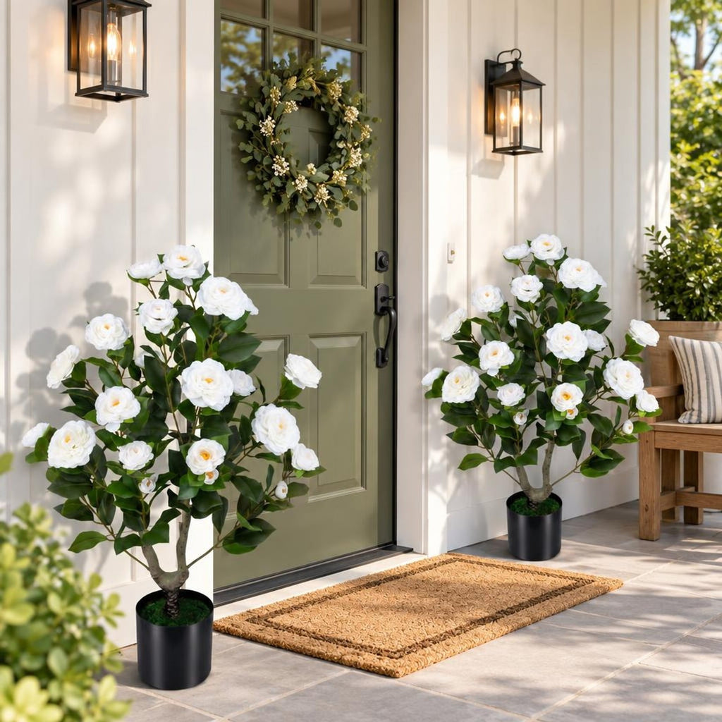 Airfind 2-Pack Artificial Camellia Tree Faux Flower Plant in Cement-Filled Pot, White, offers excellent stability and balance