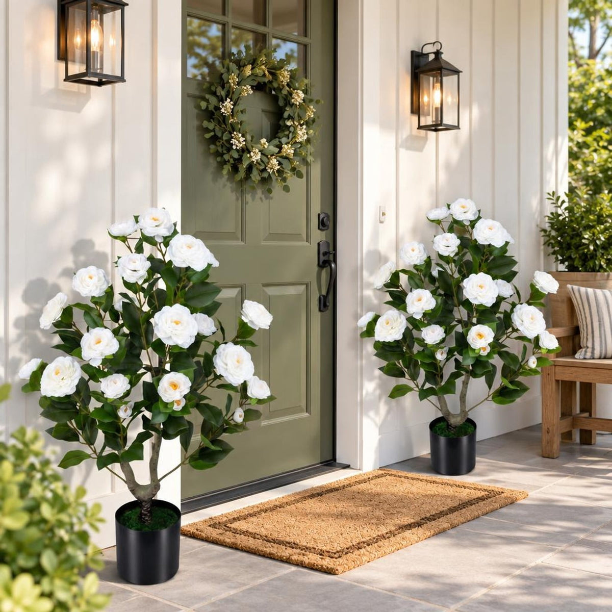 Airfind 2-Pack Artificial Camellia Tree Faux Flower Plant in Cement-Filled Pot, White, offers excellent stability and balance