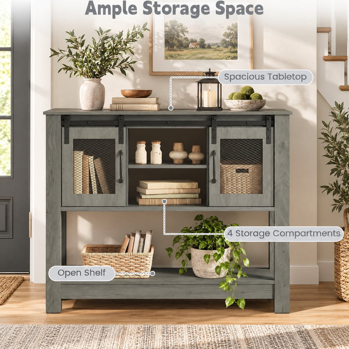 Airfind Console Table with Sliding Barn Doors and Storage Cabinets, 150 lbs Capacity, Engineered Wood Metal Frame, 40 x 12.5 x 32 Footprint, Gray