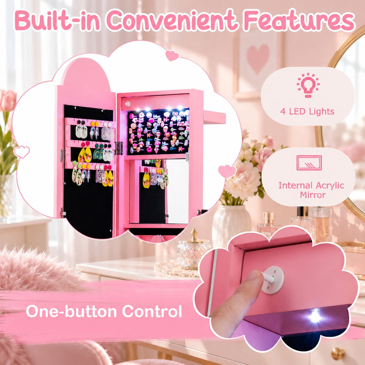 Airfind 3 In 1 Kids Jewelry Cabinet Freestanding Jewelry Armoire with 3-Color Lighted Mirror, MDF Glass Acrylic Frame, Pink