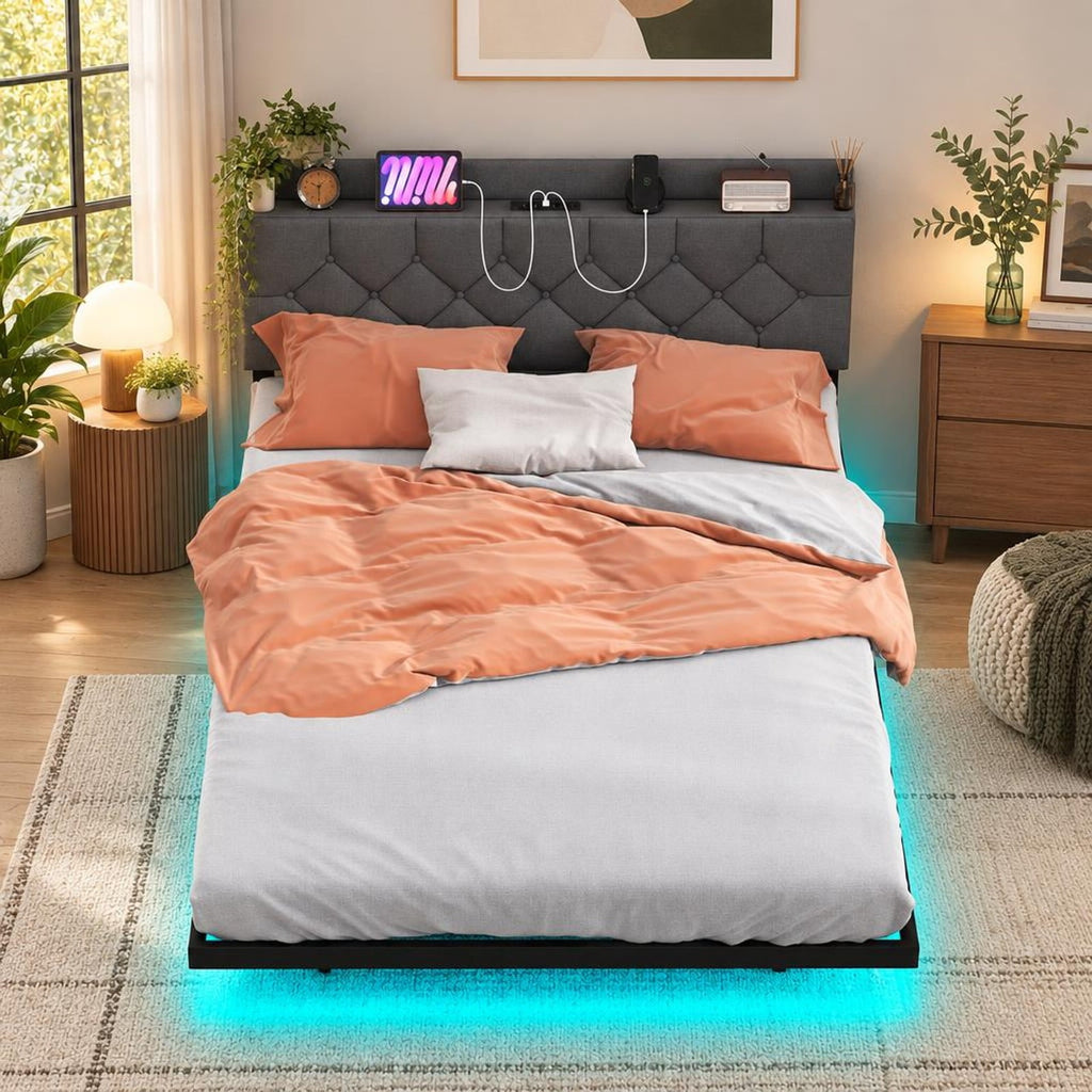 Airfind Full/Queen Size Floating Bed Frame with LED and Headboard and Charging Station, 660 lbs Capacity, 78.5 Inch x 55.5 Inch x 34 Inch Bed Platform Footprint