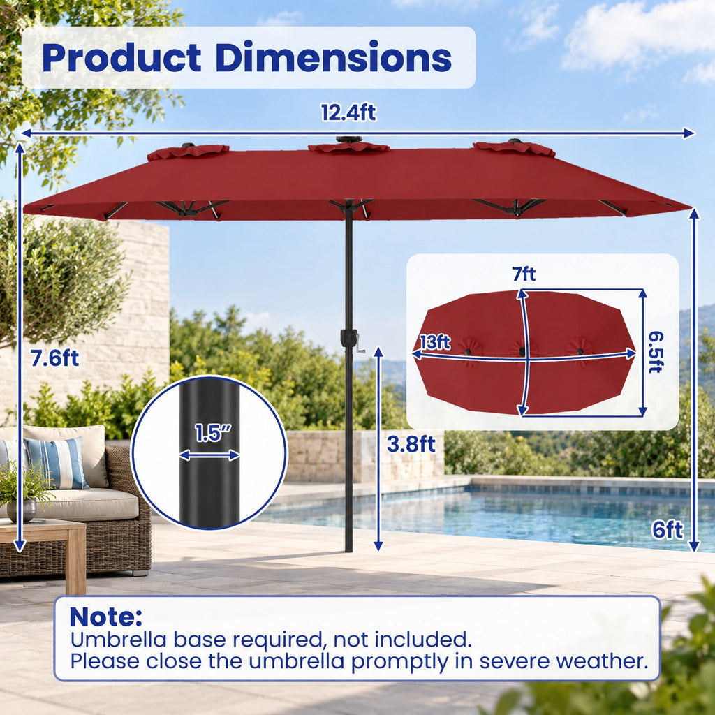Airfind 13 FT Double-Sided Patio Umbrella with Color-Changing Flowing Solar LED Lights, Polyester Fabric Metal Frame, 13 x 7 ft Footprint, Red