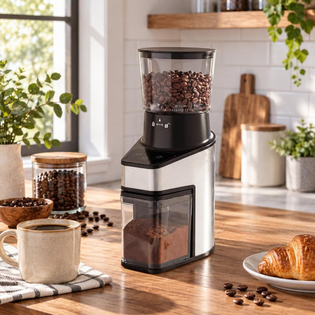 Airfind Conical Burr Coffee Grinder with 60 Precise Grinding Settings and Digital Display, Stainless Steel Aluminum Copper AS ABS Frame, Silver