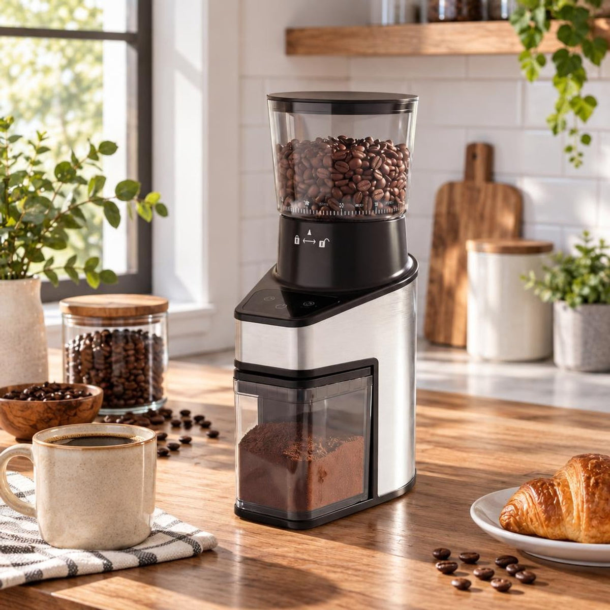 Airfind Conical Burr Coffee Grinder with 60 Precise Grinding Settings and Digital Display, Stainless Steel Aluminum Copper AS ABS Frame, Silver