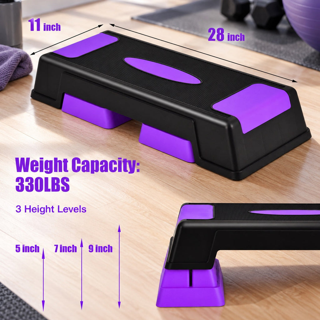 Airfind Aerobic Exercise Stepper Trainer with Adjustable Height 5-7-9, 330 lbs Capacity, PP Frame, 28-30 x 11 x 5-9 Footprint, Purple