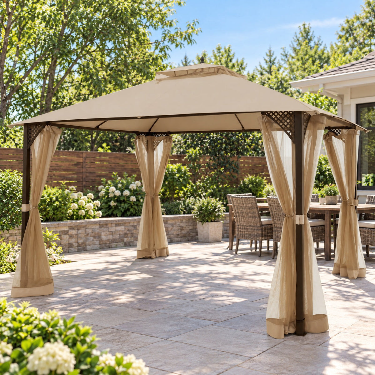 Airfind 12 x 10 Feet Outdoor Double Top Patio Gazebo with Netting, Polyester steel Frame, 12 x 10 x 9.5 Footprint, Brown