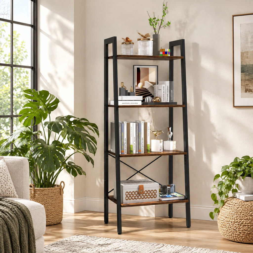 Airfind 4-Tier Bookshelf with Metal Frame and Adjustable Foot Pads, 200 lbs Capacity, Metal Engineered Wood Frame, Brown