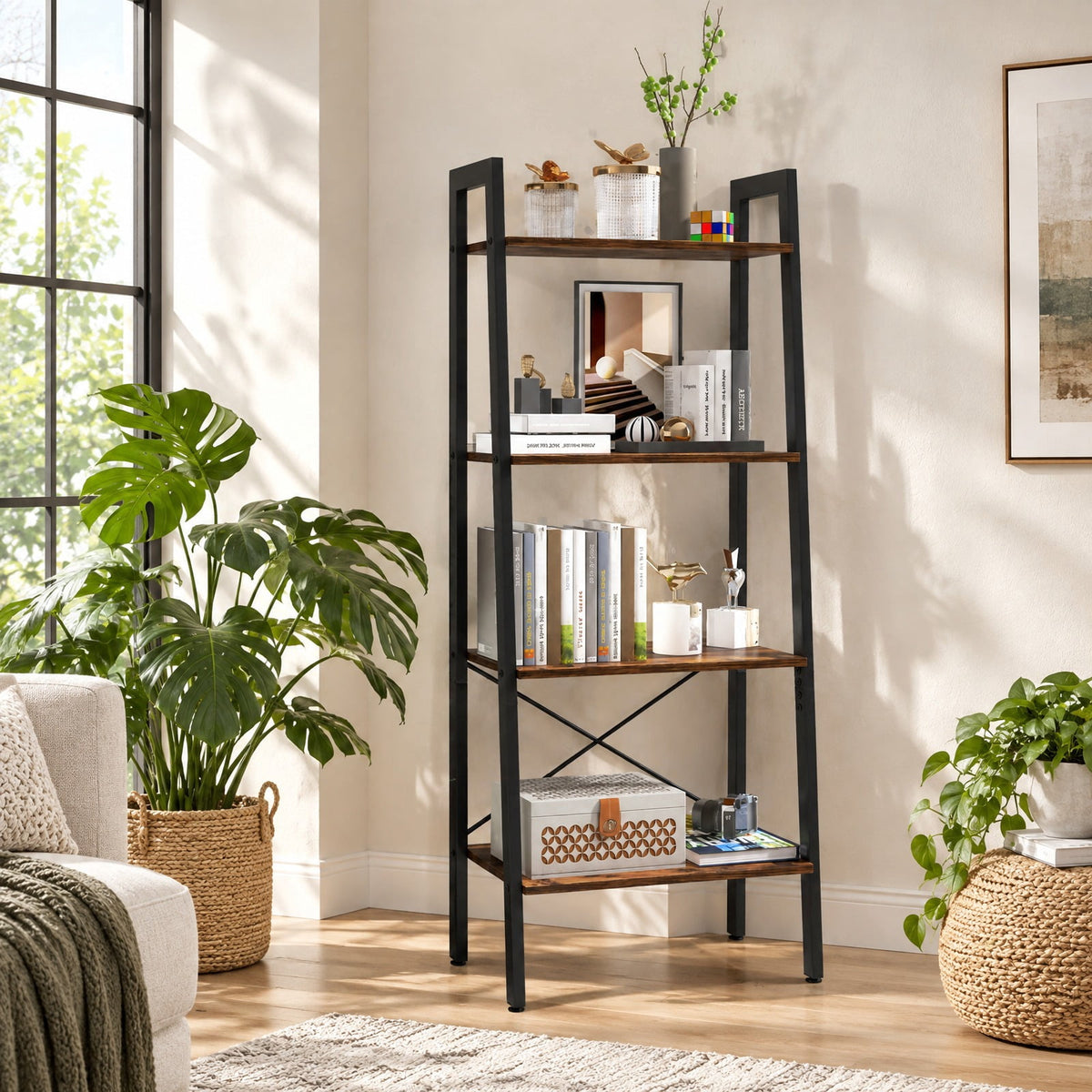 Airfind 4-Tier Bookshelf with Metal Frame and Adjustable Foot Pads, 200 lbs Capacity, Metal Engineered Wood Frame, Brown