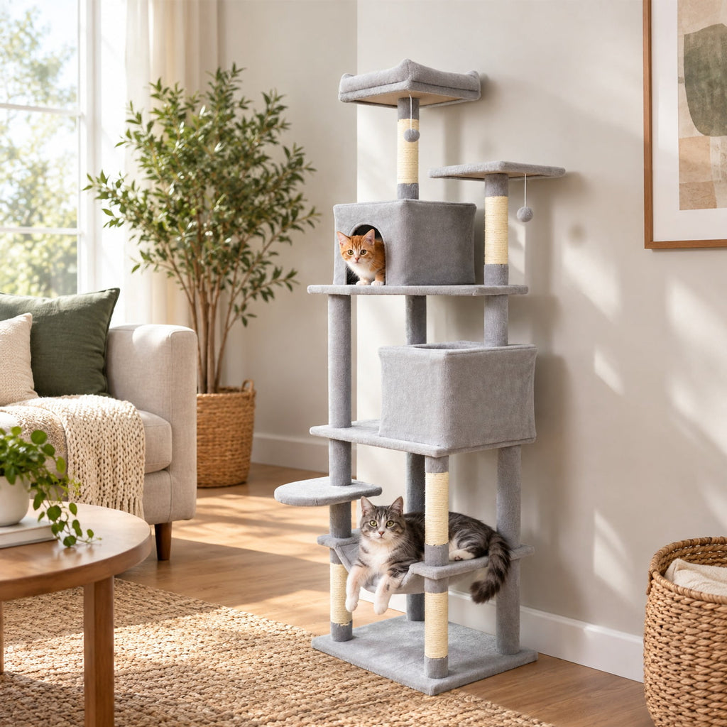 Airfind Multi-level Cat Tree Modern Cat Tower with Upholstered Perch and 2 Cat Condo, 24 x 18.5 Footprint, Gray