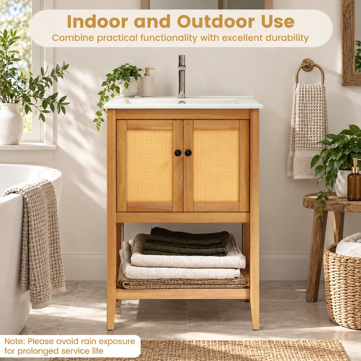 Airfind Bathroom Vanity with Ceramic Sink 2 Rattan Doors and Slatted Shelf, 70 lbs Capacity, Acacia Wood PE Rattan Ceramic Frame, White + Natural