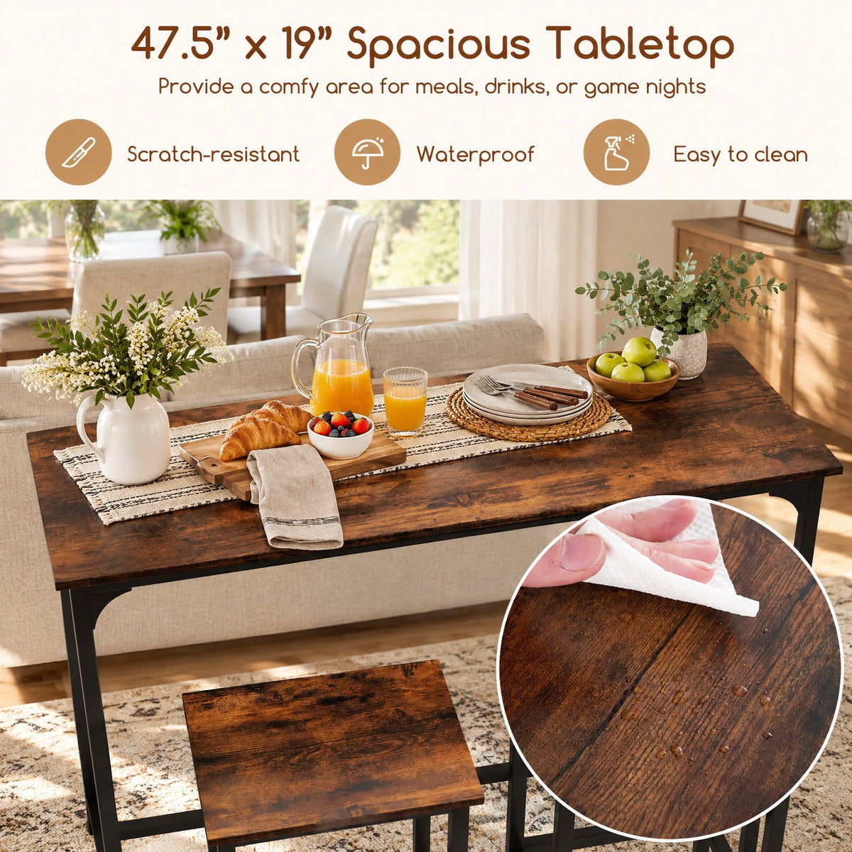 Airfind Industrial 3-Piece 47.5 Counter-Height Dining Table and 2 Bar Stools, 200 lbs Capacity, Metal Engineered Board Frame, Coffee