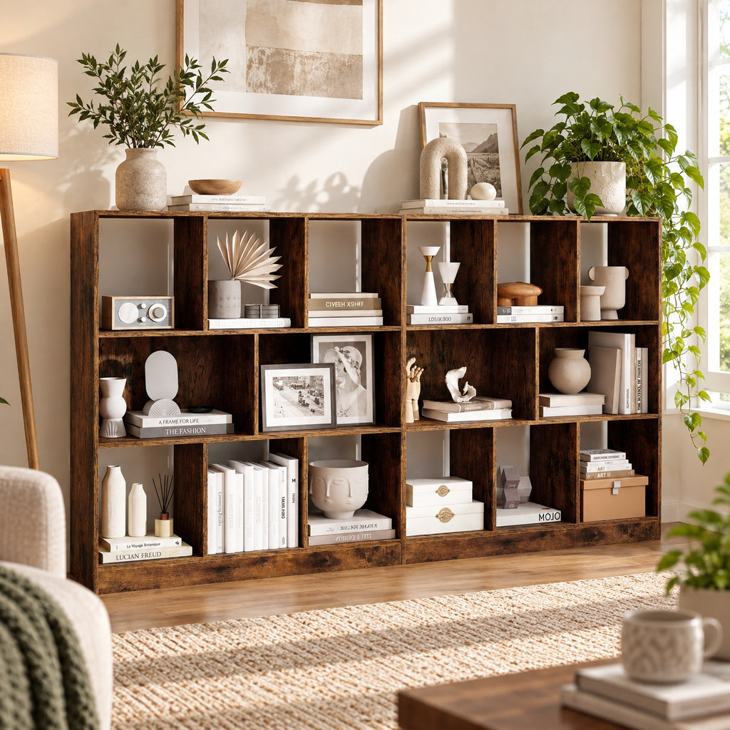Airfind 8-Cube Bookcase 3-Tier with 2-Sized Compartments and Anti-Tip Kits for Living Room, 88 lbs Capacity, 35.5 x 11 x 39.5 Footprint, Brown
