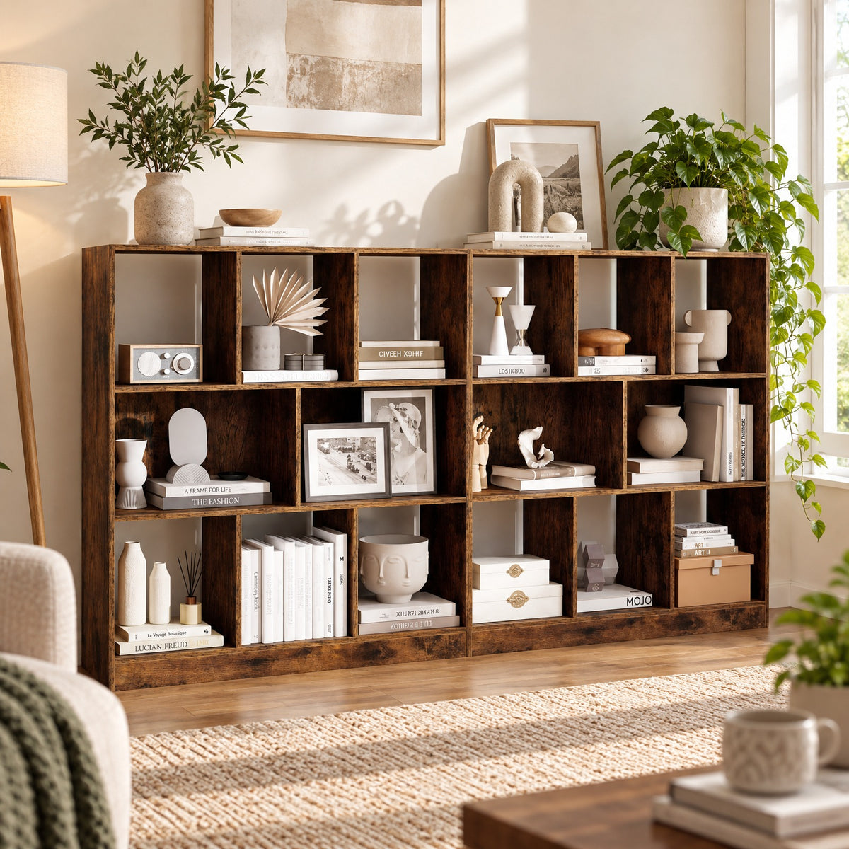 Airfind 8-Cube Bookcase 3-Tier with 2-Sized Compartments and Anti-Tip Kits for Living Room, 88 lbs Capacity, 35.5 x 11 x 39.5 Footprint, Brown
