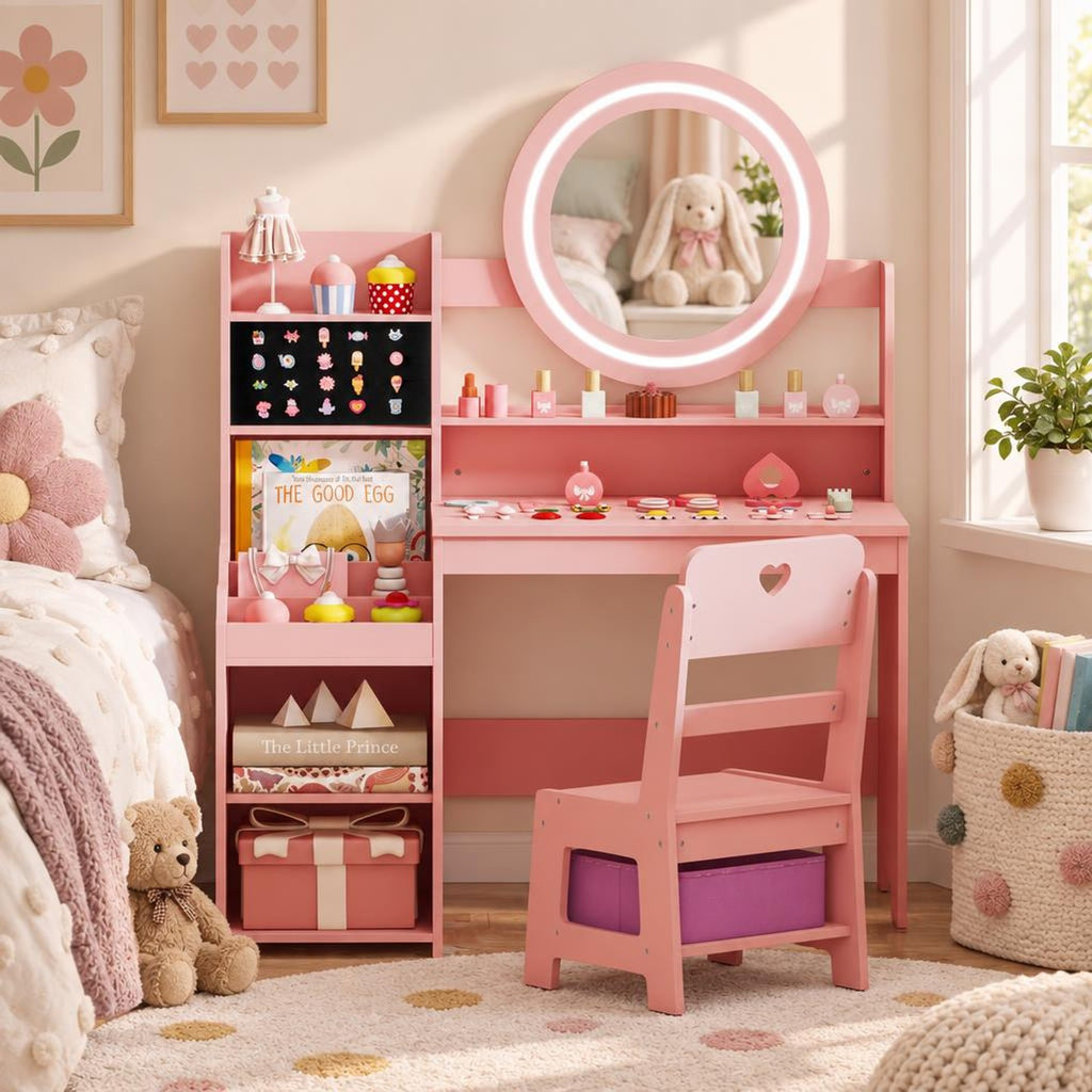 Airfind Kids Vanity Desk with Mirror and Lights Princess Pretend Play Dressing Table and Chair Set, 66 lbs Capacity, MDF Frame, for 3+ years old