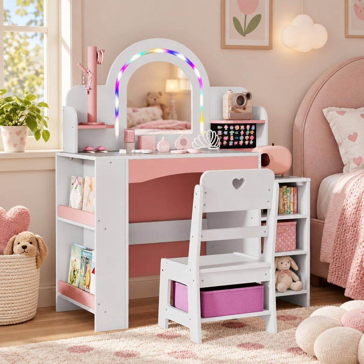 Airfind Kids Vanity Set with Colorful LED Lights Princess Makeup Dressing Table with Chair, 110 lbs Capacity, MDF Frame, 34in x 15.5in x 41in Footprint