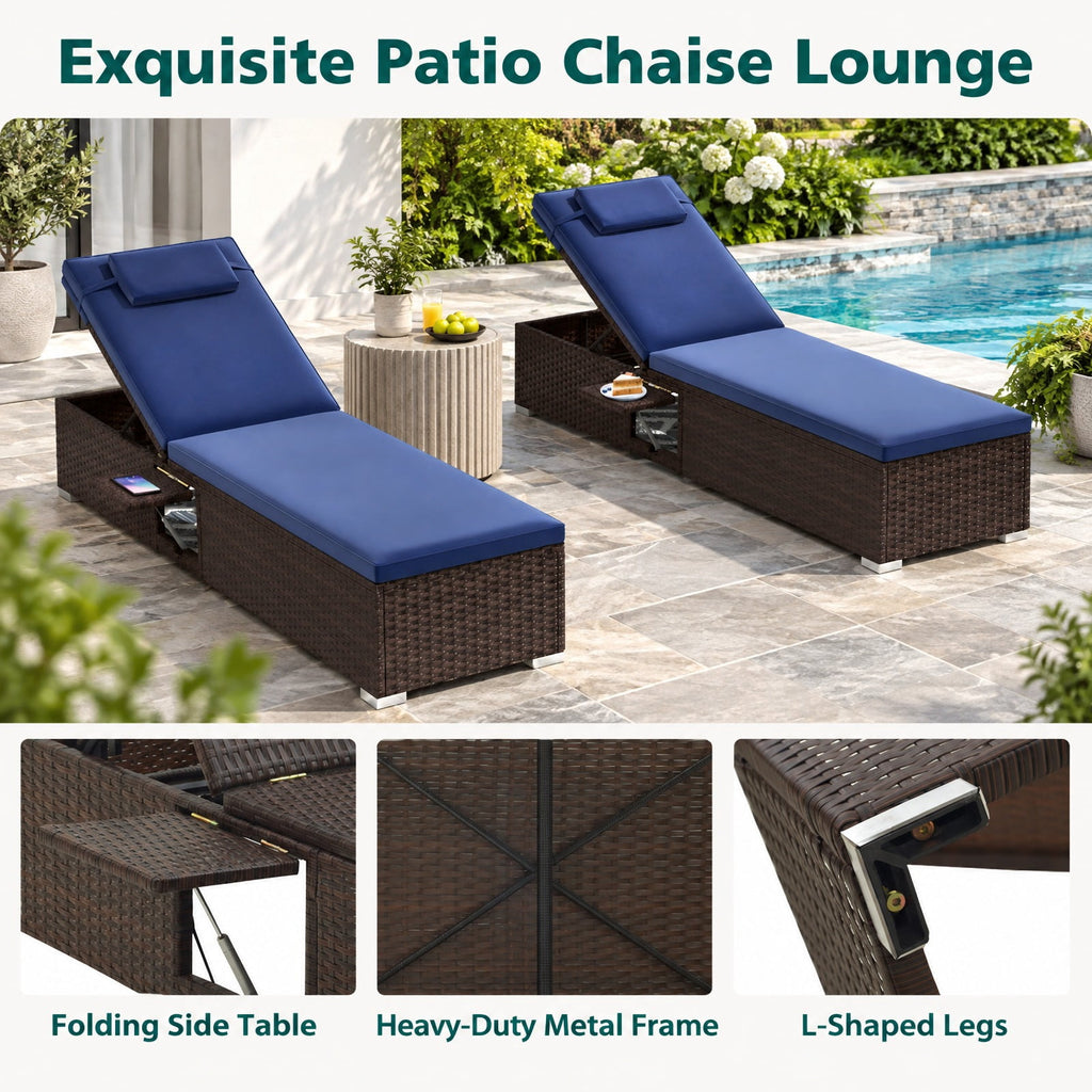 Airfind Outdoor PE RattanChaise Lounge with 6-level Backrest, 400 lbs Capacity, PE Rattan Metal Polyester Sponge Frame, Navy