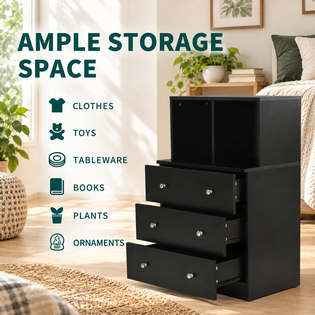 Airfind 3 Drawer Dresser with Cubbies Storage Chest for Bedroom Living Room, Engineered wood metal Frame, 24in x 16in x 37in Footprint, Black