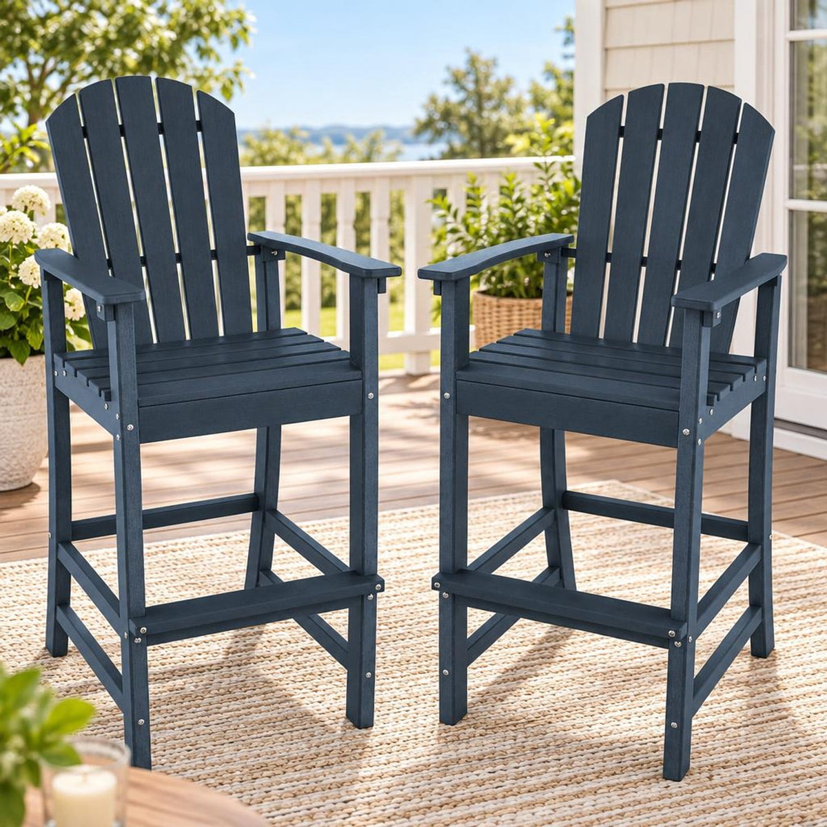 Airfind 30 Inches Counter Height Outdoor HDPE Bar Stool with Armrests and Footrest, 360 lbs Capacity, HDPE Frame, Navy