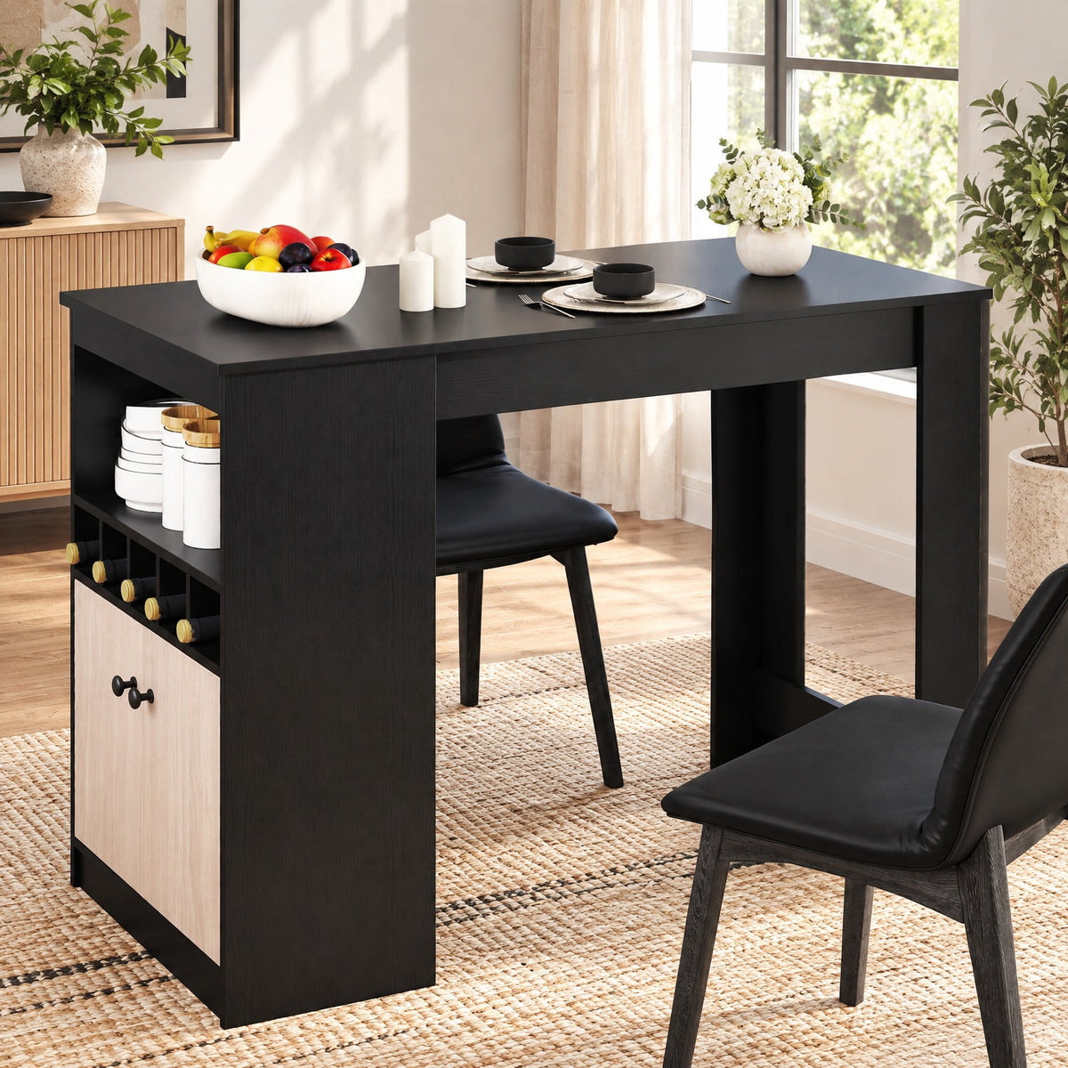 Airfind 48 Inch Bar Table with Storage Cabinet and Wine Rack, 210 lbs Capacity, Engineered Wood MDF Frame, 48 x 24 x 36 Footprint, Black