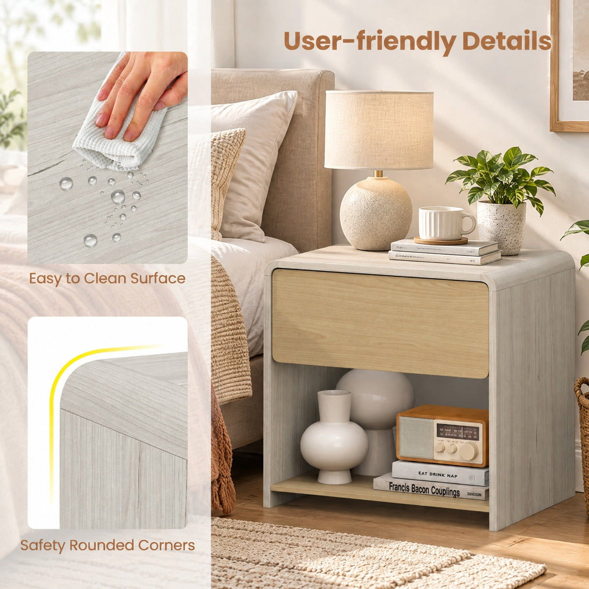 Airfind 2-Tier Modern Style Nightstand with Drawer and Open Shelf, 77 lbs Capacity, Metal Engineered Wood Frame, 24in x 18in x 23in Footprint, Oak