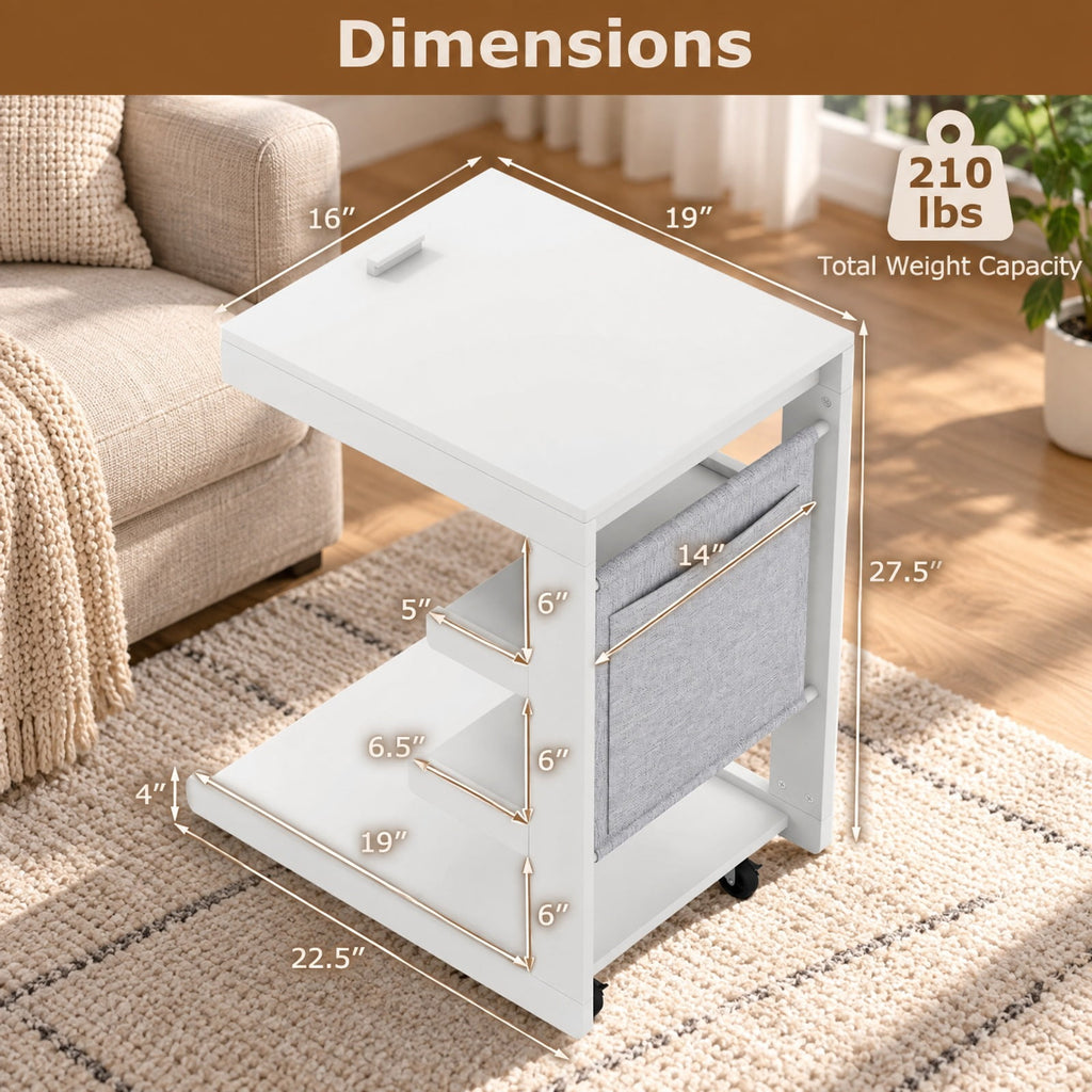 Airfind C-shaped End Table with Wheels and Adjustable Desktop for Sofa Couch Bedside, 210 lbs Capacity, Rubber Wood MDF Engineered Wood Fabric Frame