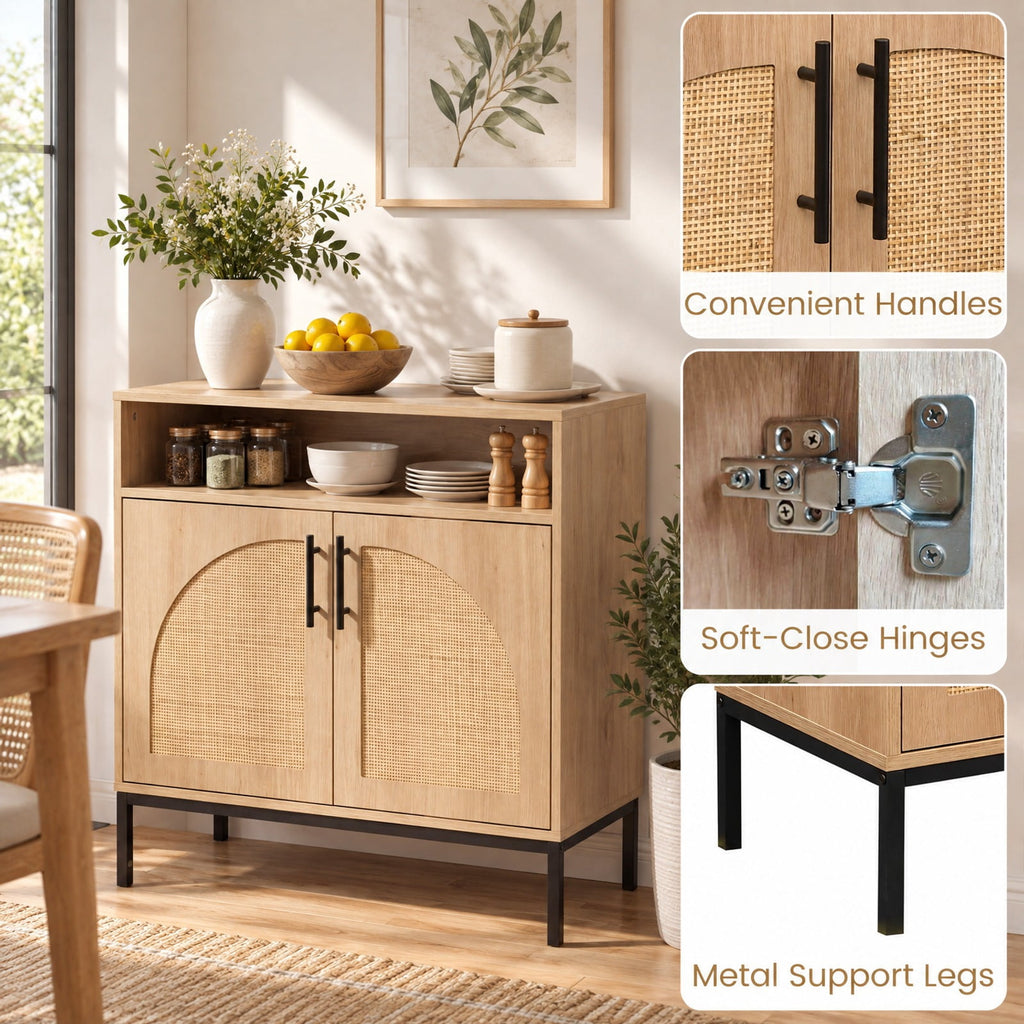 Airfind 32 Sideboard Buffet Cabinet with 2 Natural Rattan Decorated Doors and Adjustable Shelf, 145 lbs Capacity, 32 x 15 x 32.5 Footprint