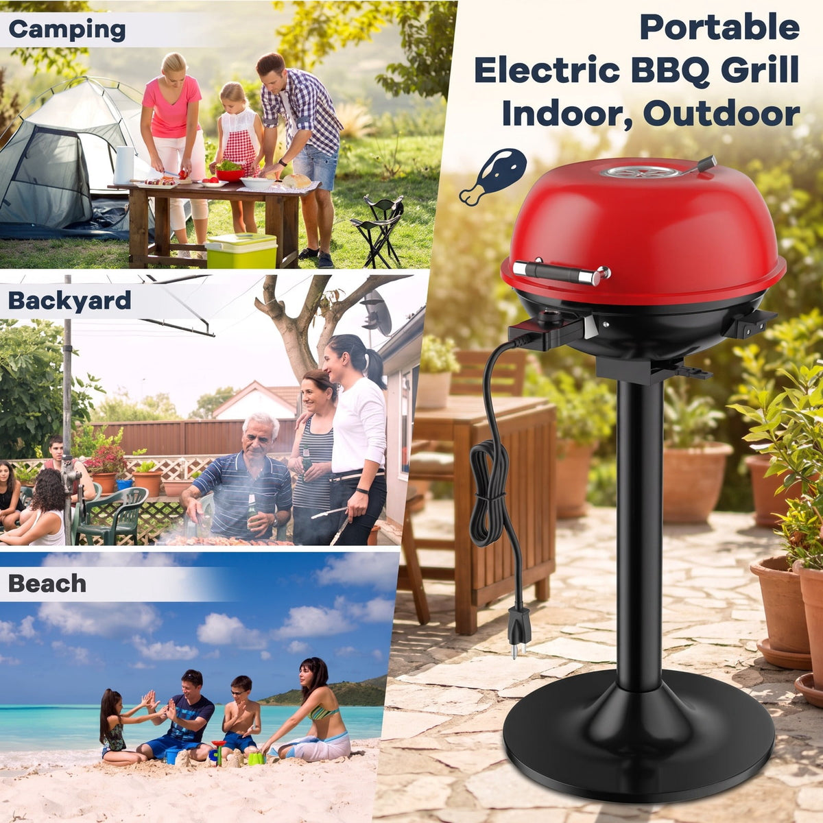 Airfind 1600W Portable Electric BBQ Grill with Removable Non-Stick Rack, Metal Stainless Steel, 20.5 Inch X 17.5 Inch X 32.5 Inch, Black