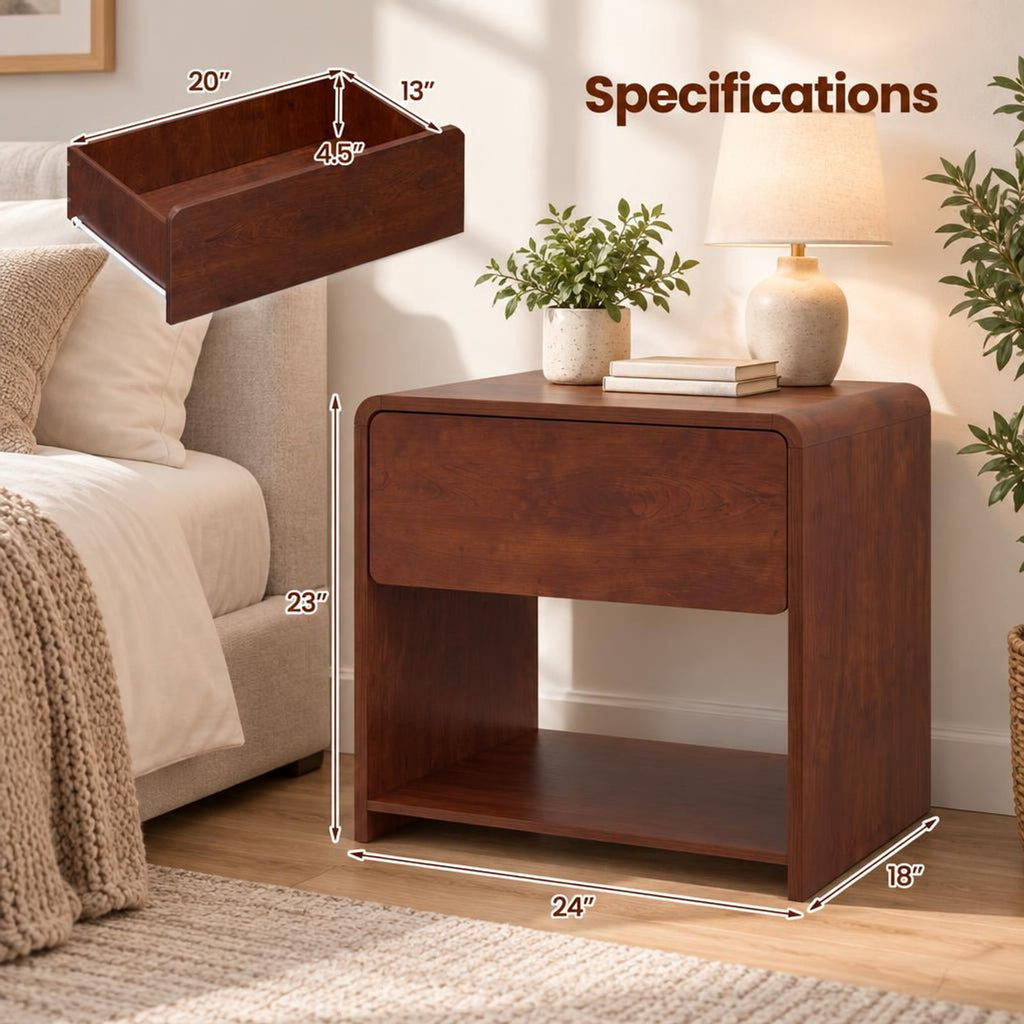 Airfind 2-Tier Modern Style Nightstand with Drawer and Open Shelf for Bedroom, in Total 77 lbs Capacity, Metal Engineered Wood Frame, Walnut